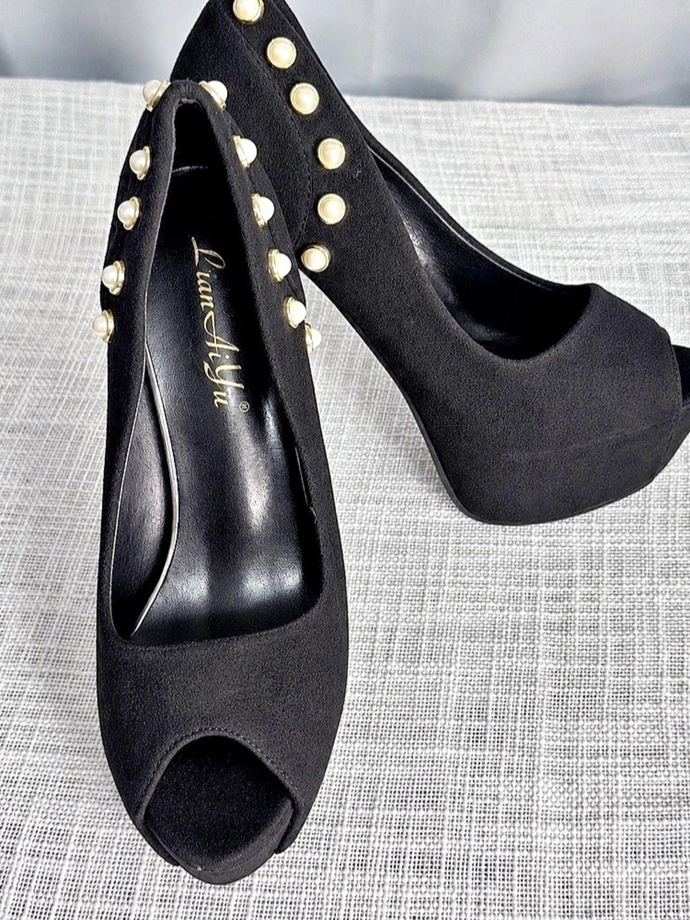 Nine West Black Studded Peep Toe Platform Heels